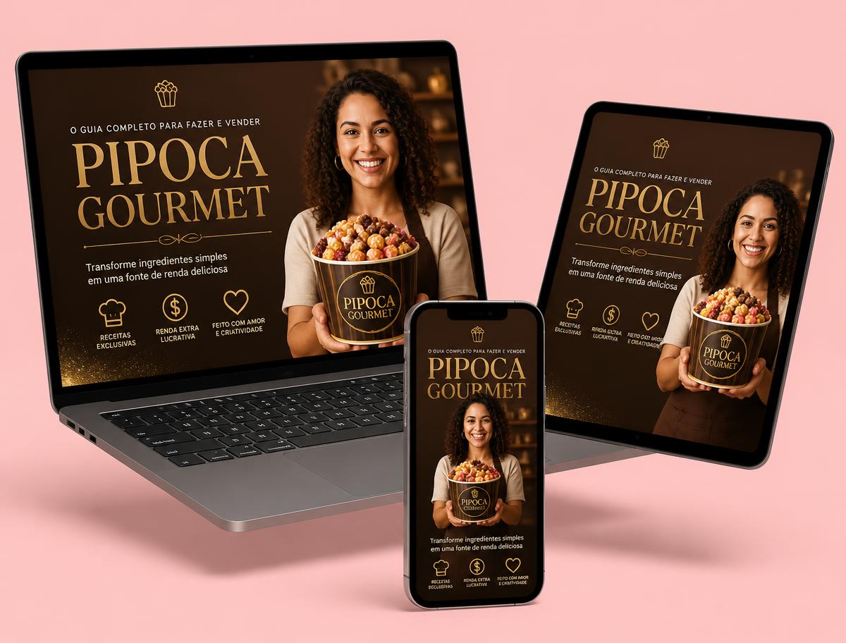Curso Pipoca Gourmet exibido em notebook, tablet e celular